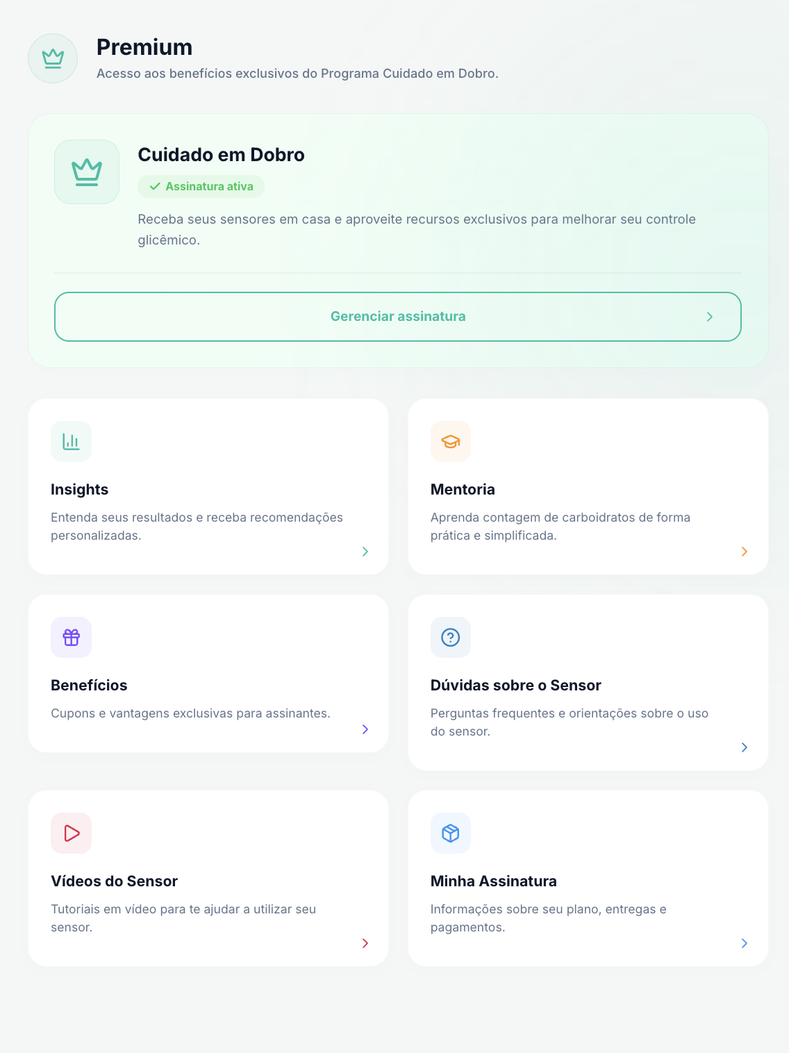 Tela completa da área Premium do Cuidado em Dobro