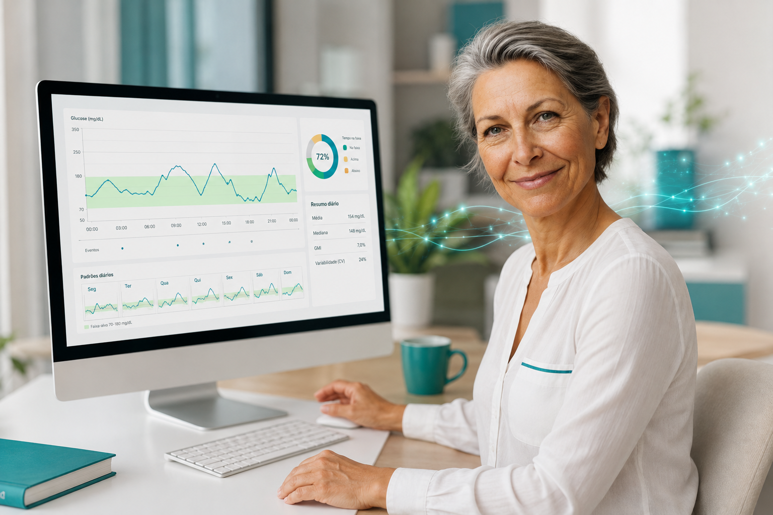 Tia Bete analisando um relatório de sensor no computador